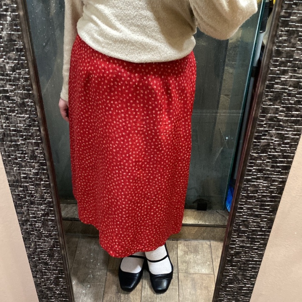red polka dot midi skirt